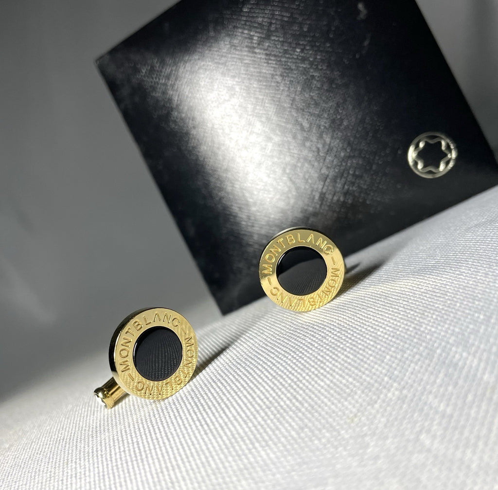 Auth [Beautiful] Montblanc Logo gold metallic & black onyx Oval cufflinks +Box
