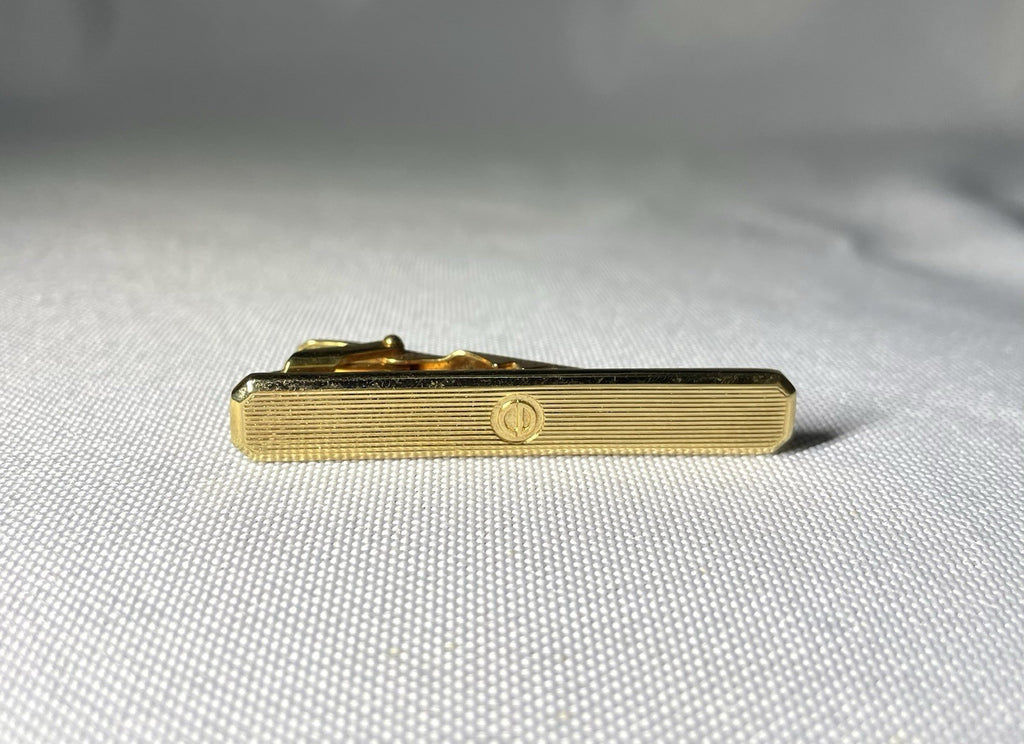Auth Rare Dior CD Logo Stripe line Design Vintage Tie Clip Gold Bar pin Business