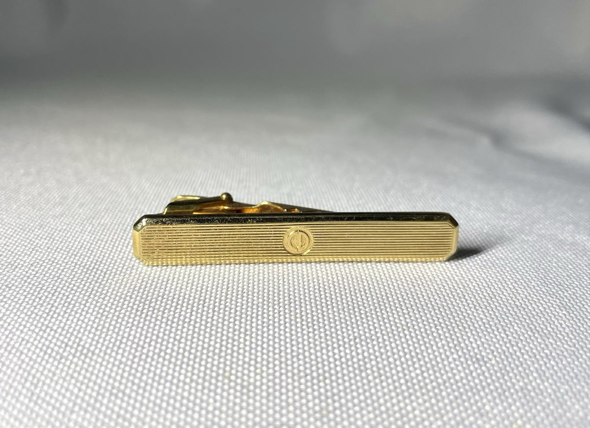 Auth Rare Dior CD Logo Stripe line Design Vintage Tie Clip Gold Bar pin Business